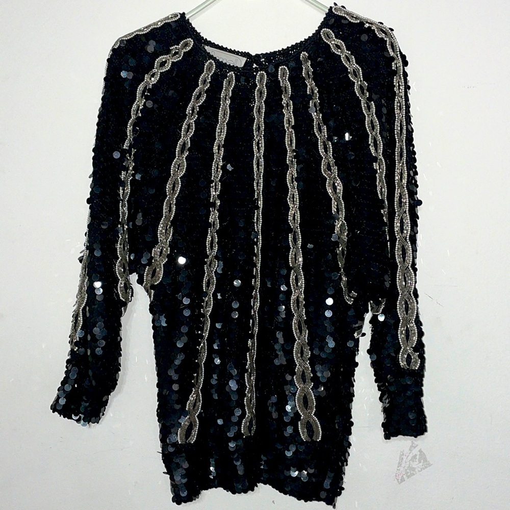 Vintage Nannell black sequin beaded knit long sleeve large